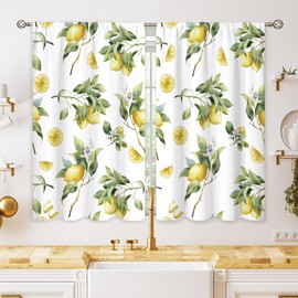 oolygoo Lemon Fruit Small Kitchen Curtains Green Yellow Leaf Summer Window Treatment Tropical Cafe Short Window Curtains for Bathroom Dining Laundry Room Floral Flower Treatment Drapes 27.5x39 inch