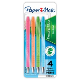 Paper Mate FlexGrip Ultra Ballpoint Pens, Made from Recycled Plastic Materials, Assorted Barrel Colours, Medium Point (1.0mm), Black, 4 Count