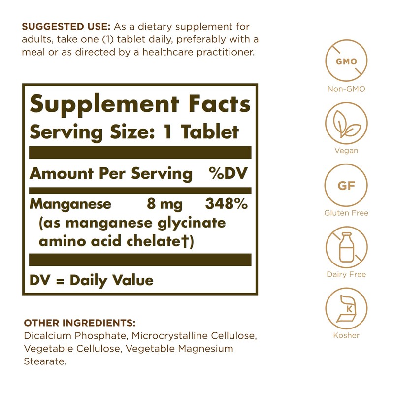 Solgar Chelated Manganese - 100 Tablets, Pack of 2 -