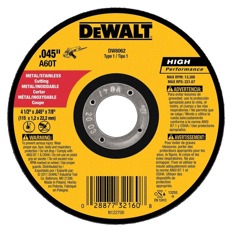 DeWalt DW8062 4-1/2"x.045"x7/8" Metal Angle Grinder Thin Cutoff Wheel, 10