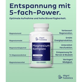 Dayvi Holistics® Magnesium Komplex hochdosiert 180 Stück [5-FACH-POWER] - Magnesium Kapseln 400mg je Tagesdosis - Magnesiumbisglycinat
