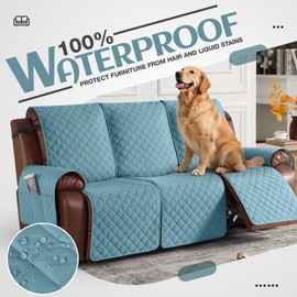 KinCam Waterproof Recliner Sofa Cover, Non-Slip Reclining Couch Covers for 3 Seat, Recliner Couch Cover Furniture Protector with Elastic Straps for Pets, Kids, Light Blue