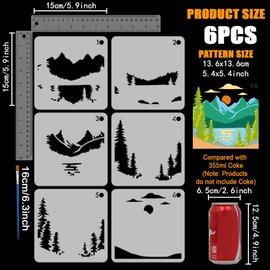 FINGERINSPIRE 6PCS Layered Scenery Painting Stencil 15x15cm Mountains Lakes Template with Paint Brush Plastic PET Forests Sun Stencil Lake Reflection Template Nature Theme Stencil for DIY Craft