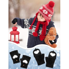 Geyoga 3 Pair Heart Fingerless Gloves Convertible Flip Top Gloves Winter Half Finger Mitten for Boy Girl 5-10 Year(Black, 5-10 Years)