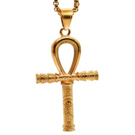 MOYOZZ Egyptian Amulet Ankh Cross Eye Of Horus Pendant Necklace Stainless Steel Gold Plated Jewelry Gifts for Men Women with 24 Inch Chain (Gold)