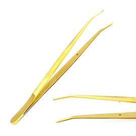 Heavy Duty 6 inches College Tweezers Curved Tips Gold Plated Color All-Purpose Forceps Professional Tweezers Tongs and Comfortable Ridged Handle for Crafting Repairing General Purpose