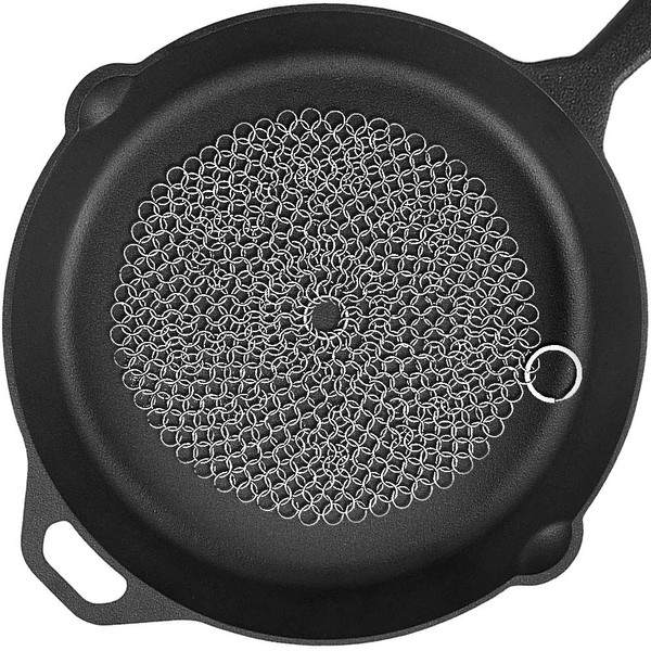 Cast Iron Cleaner Premium 316L Stainless Steel Chain Scrubber for Cast Iron Pan Pot Skillet Pre-Seasoned Cookware Round (7 inch)