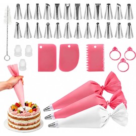 Kit 37 Piezas Mangas Pasteleras y Boquillas para Pastelería, Con 24 Boquillas de Acero Inoxidable, 3 Mangas Pasteleras Reutilizables, 3 Raspadores de Pastel, 3 Conectores y 1 Cepillo de Limpieza