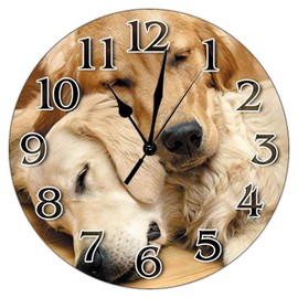 Vintage Two Golden Retrievers Funny Wall Clock 12x12 inch Silent Non-Ticking PVC Clock Battery Operated Bedroom Living Room Home Wall Hanging Decor Art
