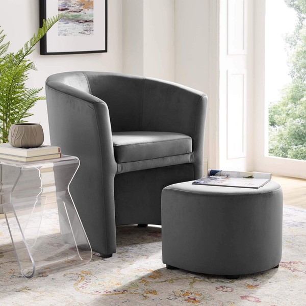 Modway Divulge Performance Velvet Armchair and Ottoman Set in Gray