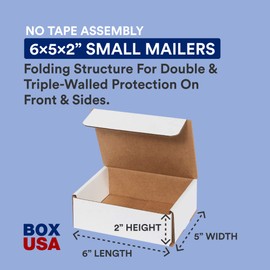 BOX USA Small Shipping Boxes 6"L x 5"W x 2"H, 50-Pack - White Box Crush-Proof Mailers for Packaging, Storage, Gifts or Bulk Business Orders