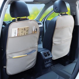 pefirst Kick Mat Back Seat Protector Waterproof Leather Car Seat Back Organizers Cover with 3 Storage Pockets for Kids Pets SUV Sedan Minivan Truck Car Travel Accessories (Beige 2-Pack)