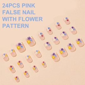 False Nails Short Square - 24Pcs Pink Press on Nails with Flower Pattern - Stick on Nails with Glue - Removable Glossy Full Cover Fake Nail for Women Girls Valentines Days Cute Nail Art