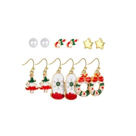 Christmas Earrings for Women 6 Pairs Holiday Earrings Red Snowflake Santa Tree Drop Dangle Earrings Bow Star Pearl Stud Earrings Set for Her Xmas Party Gifts (Set 2)