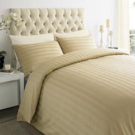 ED Luxury 250 Thread Count 100% Cotton Sateen Stripe Duvet Bed Cover with Housewife Pillowcases | 250 TC Hotel Striped Bedding (Single/Beige)