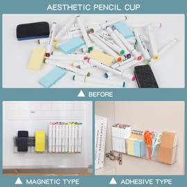 NINEWEEN 2 Pack Whiteboard Marker Holder for Home Office, Clear Magnetic Cup Holder for Dry Erase Marker, Remote Control, Cards, Locker Accessories, Refrigerator, Adhesive Bathroom Supplies Organizer