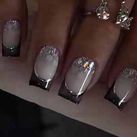 BABALAL Press on Nails Medium Square Fake Nails Black French Tip Glue on Bling Shine Acrylic Nails Supplies 24Pcs Squoval Manicure Stick on Nails Diy Glossy Artificial Nails for Women