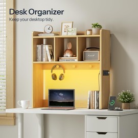 HOOBRO Desktop Bookshelf, Office Desktop Shelf, Desk Hutch with Outlets, Wooden Office Desktop Bookcase, Desktop Organizer Shelf with LED Light Strip and 3 Hooks, for Home, Study, Natural NL12UDSJ01