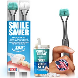 SMILE SAVER 360° 3-Sided Toothbrush 2PK + Toothpaste Tablets + Zing Stix Infused Toothpicks | Gum Massage & Tongue Cleaner | Teal & White Heads - Charcoal Handles - Peppermint
