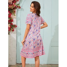CRIPOM House Dresses for Older Women with Pockets Duster Housecoat Hawaiian Muumuu Moo Moo Nightgown Patio Dress Short Sleeve Old Lady Nightgown House Dress For Women Elderly Small Pink Flower M