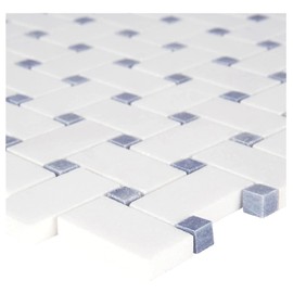 Tenedos Thassos White Marble Basketweave Mosaic Tile with Light Blue Dot – Polished Natural Stone for Wall, Backsplash, Bathroom, Shower (1 Sheet)