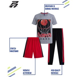 Pro Athlete Active Boys Pant Sets - 3 Piece Crew Neck Short Sleeve Boys TShirts Athletic Shorts and Jogger Sweatpants (8-16), Grey/Black/Red Hustle, 10-12