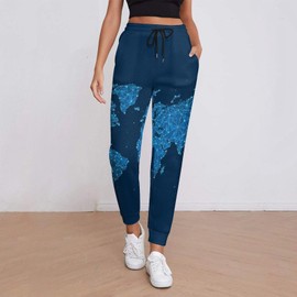 Dark Blue World Map Women's Sweatpants, Activewear Sport Pants, Drawstring Elastic Waist with Pockets Lounge Pants for Women Home Yoga Gym (M)