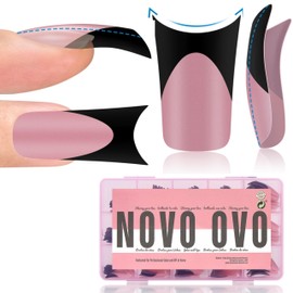 NOVO OVO Black French Tip Duck Feet Nail Tips, Duck Nail Tips Press On, Full Cover for Pressing Acrylic with Moon, Curved, Thick, Medium, Long, 15 Sizes, 150 Pieces
