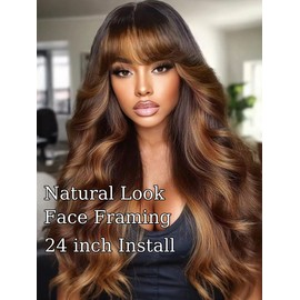 UNICE Black Brown Body Wave 13x4 Lace Front Wig Human Hair with Curtain Bangs Pre Everything Glueless Frontal Wigs Pre Plucked Pre Cut Bleached Knots Ready to Wear Human Hair Wigs for Women 18 inch