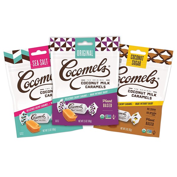 Cocomels Coconut Milk Caramels, Original, Sea Salt, and Coconut Sugar, Organic Candy, Dairy Free, Vegan, Gluten Free, Non-GMO, No High Fructose Corn Syrup, Kosher, Plant Based, (Variety 3 Pack)