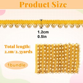 HINZIC 2.3 Yards Gold Pearl Beaded Fringe Trim, 0.5 Inch Wide, Gold