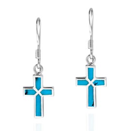 Mini Cross Inlaid Simulated Blue Turquoise .925 Sterling Silver Dangle Earrings