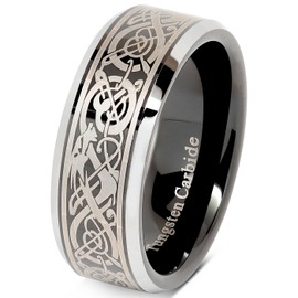 100S JEWELRY Tungsten Ring for Men Black Wedding Band Celtic Dragon Engraved Engagement Promise Beveled Size 8-15 (10)