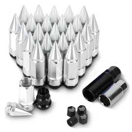 YeshineAuto M14X1.5 Spikes Lug Nuts, 24PCS Anti Theft Wheel Lug Nut with 2PCS Socket（Silver）