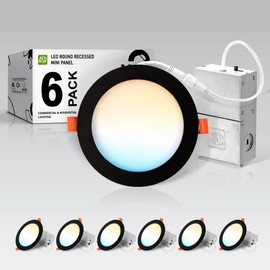 ASD 6 Pack LED Recessed Lighting 6 Inch 15W, 5 CCT 2700K-5000K CRI90+, IC Rated Ultra Thin Dimmable Ceiling Lights with J Box, Canless Wafer Downlight, Round Slim Panel Light, UL Energy Star, Black