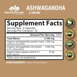 Organic Ashwagandha 2,100 mg - 100 Veggie Capsules Pure Organic Ashwagandha Powder and Root Extract - Stress Relief, Mood Enhancer