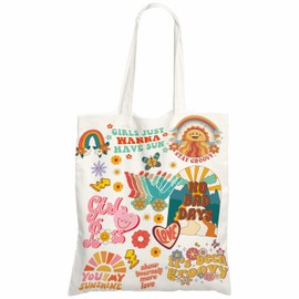 Aesthetic Canvas Tote Bags - Retro Groovy, Rainbow & Sunshine Cotton Tote For Shopping, Grocery, Large Capacity Reusable Shoulder Bags, Casual Gift For Woman, Daughter, Sister - A07