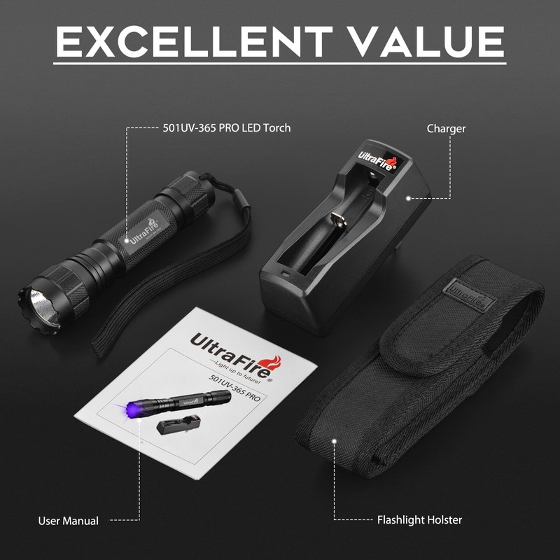 ULTRAFIRE 365nm UV Flashlight, 10W Single Mode Black Light Flashlight,
