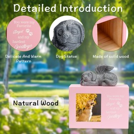 DiDiBirDi Dog Urns for Ashes, Pink Wooden Keepsake with Photo Frame, Pet Memory Box with Resin Dogs Angel Statue and Sealed Storage Bags (Up to 75lbs)