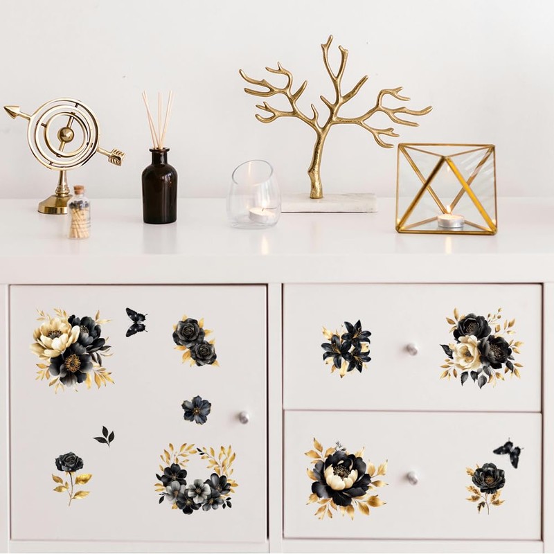 Peacoblue Black Gold Flowers Rub On Transfers for Furniture Craft