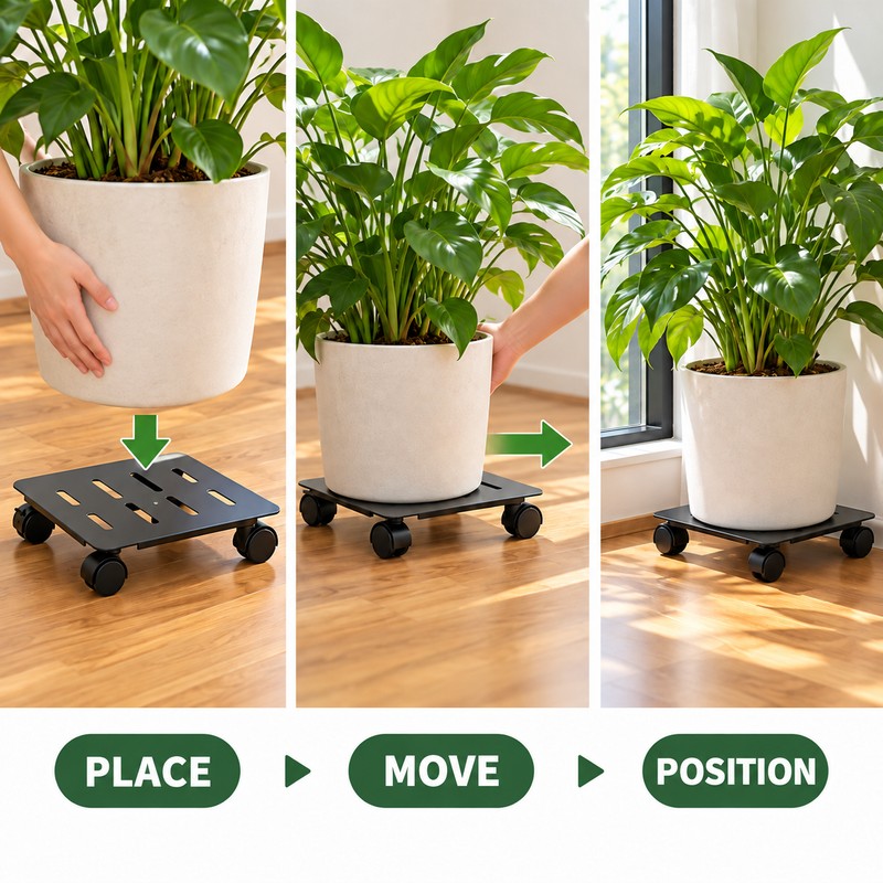 Rolling Metal Plant Caddy with 360° Swivel Wheels for Indoor
