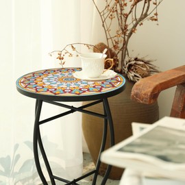 VCUTEKA Mosaic Outdoor Side Table - Small Patio Table Coffee Outside Accent Tables Round End Plant Tables for Bistro Balcony Porch Outdoor Benches 14'' Multi Yellow