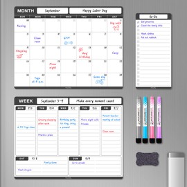 ALEZEL Dry Erase Calendar for Fridge, Magnetic Calendar Planner Whiteboard for Refrigerator, Includes Fridge Monthly & Weekly Calendar with List Board, 4 Markers + Eraser