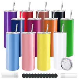 YOUKE OLA 12 Pack Stainless Steel Skinny Tumblers 20oz - Bulk Straight Double Wall Vacuum Insulated Tumbler with Lid and Straw & Silicone Base for Travel, DIY, 12 Colors