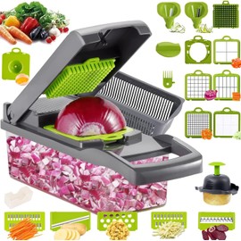 Cortador de Verduras, Picador de Verduras Multifuncional 22en1, Mandolina Rallador de Verduras para Cocina con 12 Cuchillas de Acero Inoxidable y Contenedor,para Frutas, Verduras y Ensaladas Gris