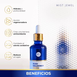MIST JEWEL Serum Ácido Hialuronico Boost + Ácido Ferúlico + Vitamina C Y E | Suero facial regenerador, antioxidante e hidratante Día/Noche Tipo de piel