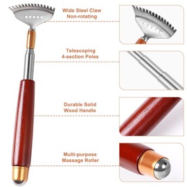 Aznrszy Extendable Back Scratcher with Massage Roller High-Quality Telescopic Rod Stainless Steel with Wooden Handle up to 61 cm for Scratching the Head, Back and Full Body