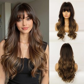 Esmee 24" Synthetic Wigs for Women Dark Roots Long Wig with Bangs Ombre Wavy Hair Realistic Simulation Scalp Middle Part