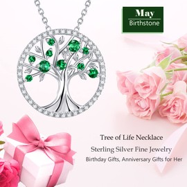 Birthday Gifts Mom Wife May Birthstone Jewelry Women Green Emerald Necklace Tree of Life Jewelry for Her Sterling Silver