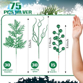 Craftsatin 75 Pcs Christmas Glitter Branches 3 Styles Artificial Christmas Picks Berries Stems Pine Needles Floral Twig Spray for Xmas Tree Ornaments DIY Wreath Garland(Green)